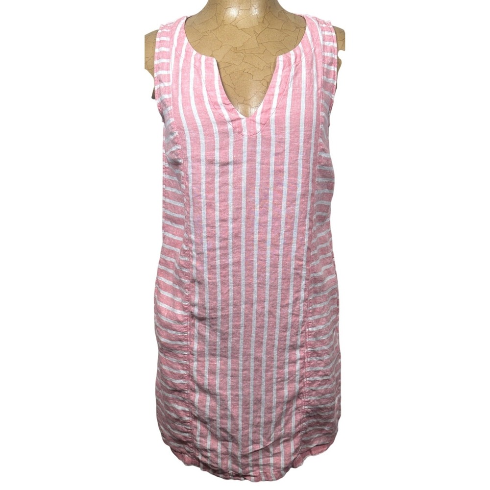 Sigrid Olsen Womens Pink White Striped 100% Linen Sleeveless V-Neck Dress XS